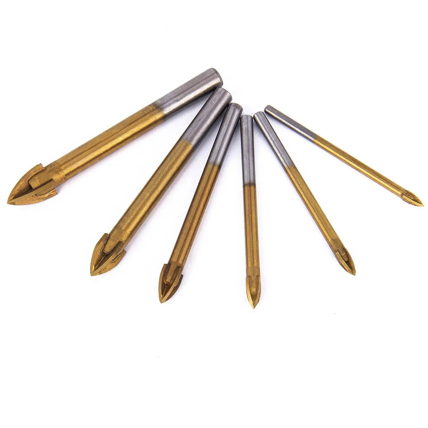 6pcs Titanium Coated Glass Drill Bits Set 4 Cutting Edges Cross Spear Head Drill with Hex Shank