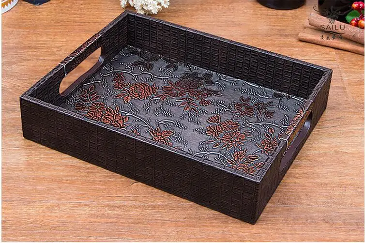 40*25cm wooden structrue black rectangle PU leather wood serving trays