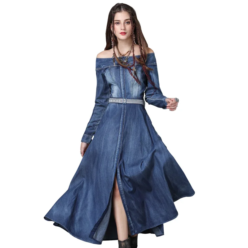 

Multiflora Vintage Dress A-Line Solid Denim bodysuit dress Slash Neck embroidered Autumn Spring Full Sleeve slim Dress Women