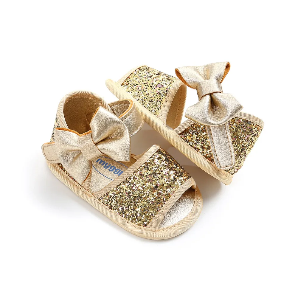 Brand Summer Sequin Bow Girls sandals PU Leather Princess sandals Gift baby moccasins Anti-slip Baby infant sandals