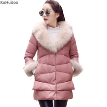 KoHuiJoo Winter Leather Jackets Women Natural Fox Fur Collar Slim Thick Long Faux Leather Coat Female Overcoats Plus Size 3XL