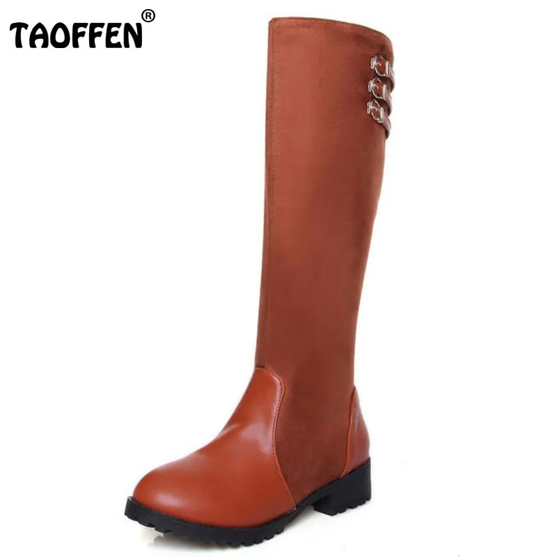 

TAOFFEN Women Mid Heel Knee High Winter Boots For Women Zipper Buckle Strap Warm Plush Inside Shoes Feminina Bota Size 34-39