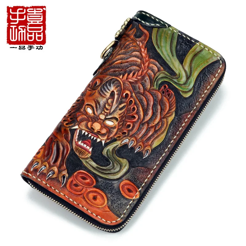 

handmade leather carved wallet for men and women with large capacity to attract money mink vegetable tanning retro Wallet