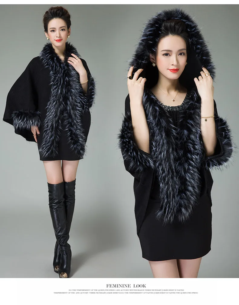 Новый Женская Мода Элегантный капюшоном рукав «летучая мышь» Мех животных пальто из искусственного енотовидная собака Мех животных