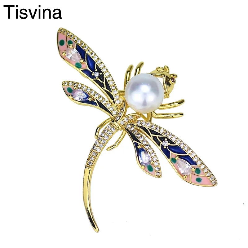 

Tisvina Enamel Zircon Pearl dragonfly Brooches for women Men Costume Jewelry Office lady Scarf Sweater Suit Accessories Pins