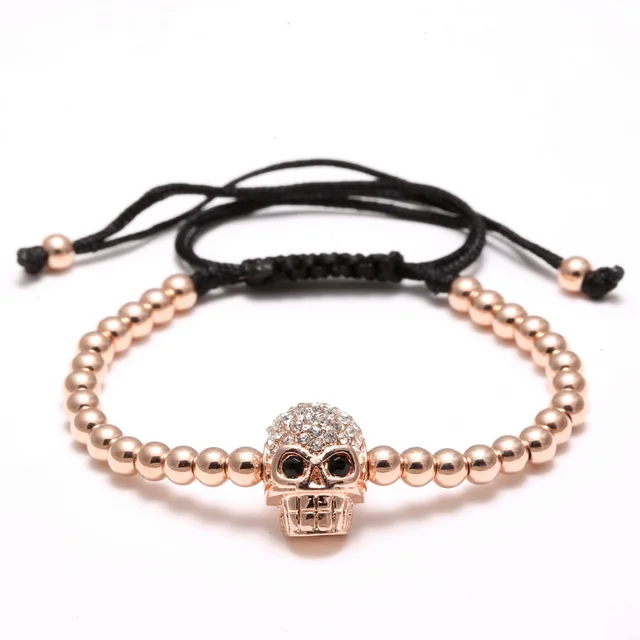 Rose Gold Skull Charm Bracelet Diy Handmade 4mm Micro Pave Black Cz Rose Gold Skull Charm Bracelet Diy Handmade 4mm Micro Pave Black Cz Beads Macrame Braided