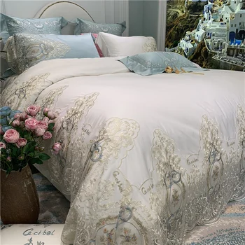 

New White 120S Egyptian cotton Embroidery Bedding set Queen King Luxury Lace Europe Duvet cover Bed sheet set Pillowcase 4/6pcs