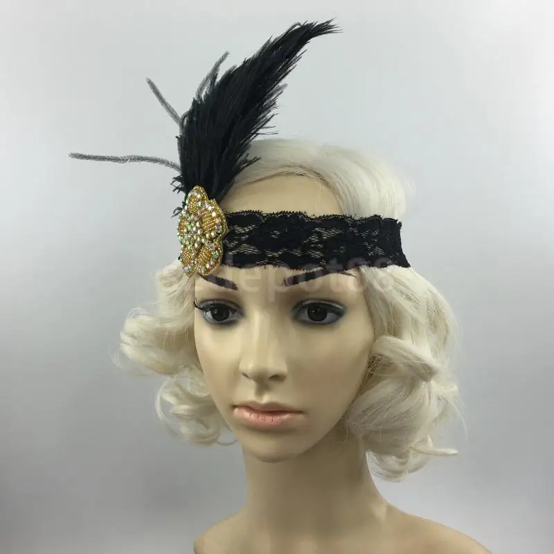 Модные женские винтажные блестки повязка на голову с перьями Flapper 1920s Black Charleston Browband Hairband