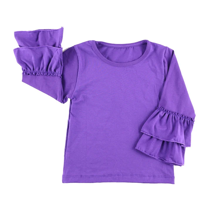 Wennikids/Новинка; однотонная хлопковая футболка с длинными рукавами и рюшами для маленьких девочек 1-12 лет; Детские футболки; детские топы - Цвет: Purple
