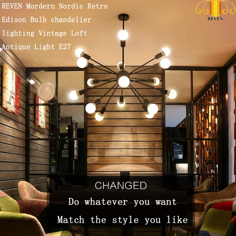 

REVEN Vintage Chandeliers Multiple Rod Wrought Iron Ceiling Lamp E27 Bulb Restaurant light / hotel light