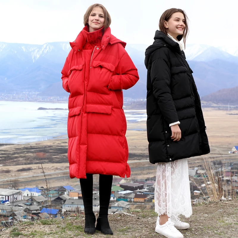 Vestes Soild Épais De Duvet Capuchon Manteau Causal Red Vers Minimaliste Down Le Chaud Poches Femelle D'hiver Femmes 90 Canard Coat Bas Amii À Blanc 2018 Long 6Iq8gv