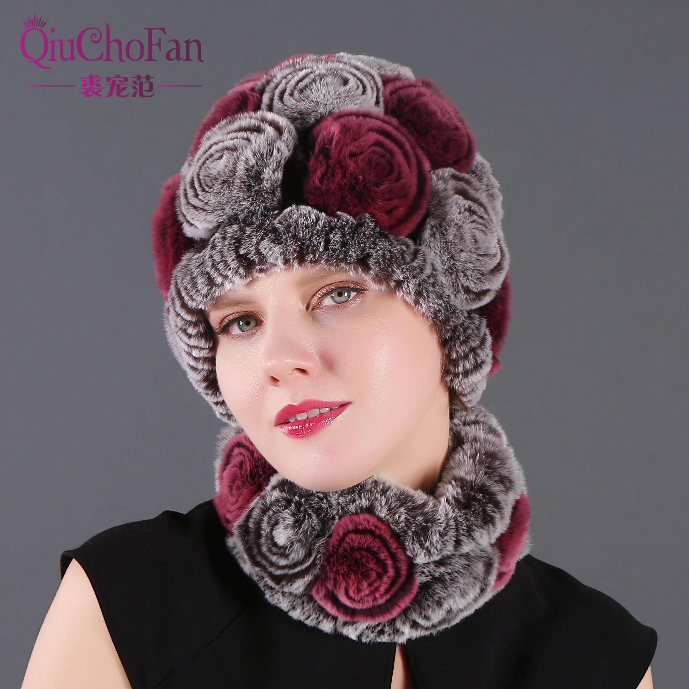 Модная женская меховая шапка, Зимний натуральный настоящий мех кролика, шапка, шарф, набор, высокое качество, для женщин, натуральный мех