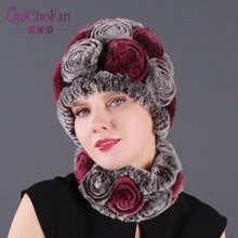 Fashion Girl Fur Cap Lady Winter Natural Real Rex Rabbit Fur Hat Scarf Suite High Quality Women 100% Genuine Fur Free Shipping