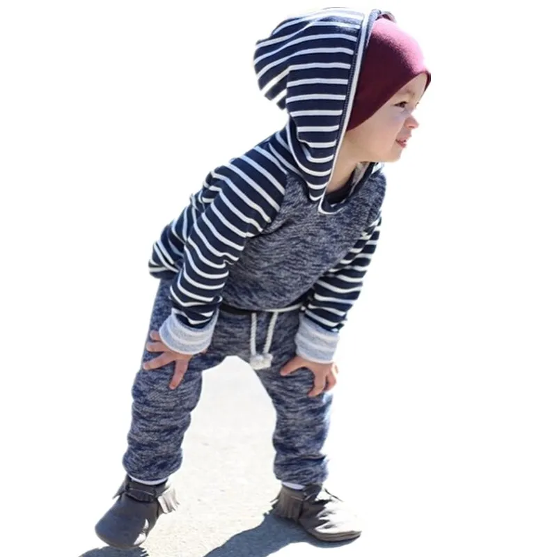 Emmababy New kids Baby Boy Clothes striped gray cotton Hooded Tops