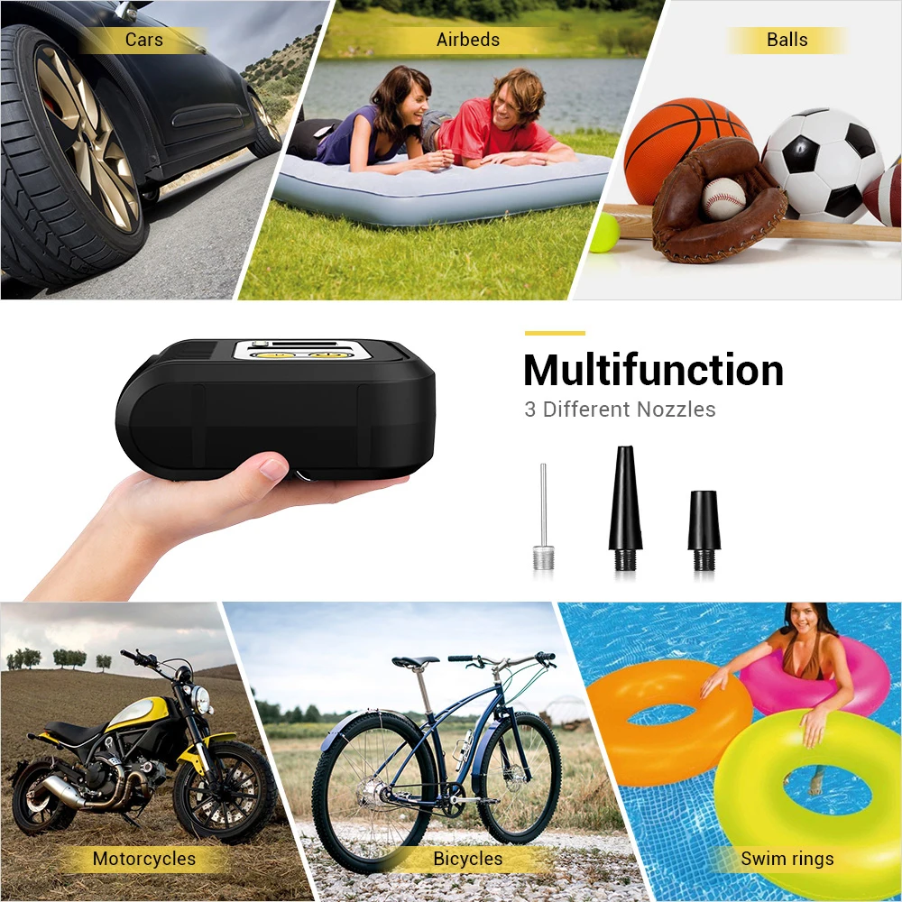 Zeepin Car Tire Inflatable Pump Air Compressor Auto Inflator 12V 120W with LED Light Tyre Pressure Gauge 3Nozzle for Car Bike