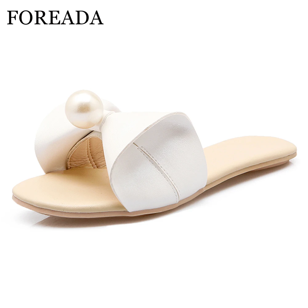 

FOREADA Summer Slippers Women Shoes Butterfly Knot Flat Shoes Pearl Open Toe Casual Slides Lady New Sandals White Pink Size 3-9