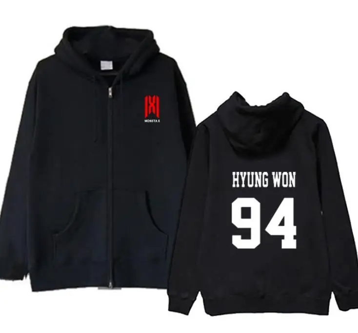 

Kpop monsta x we are here concert same member name printing zipper hoodie jacket unisex black fleece loose sweatshirt