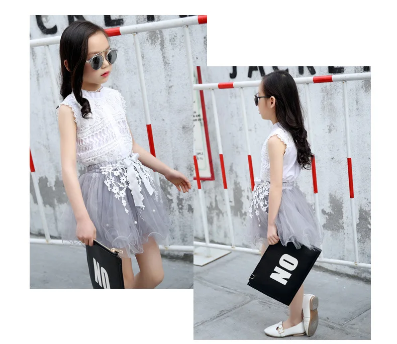 Summer Children Clothing Set For Teen Girls Clothes Outfits 2019 Fashion Lace Tops Flower Tule Skirt 2Pcs Comfortable Kids Suit (6)