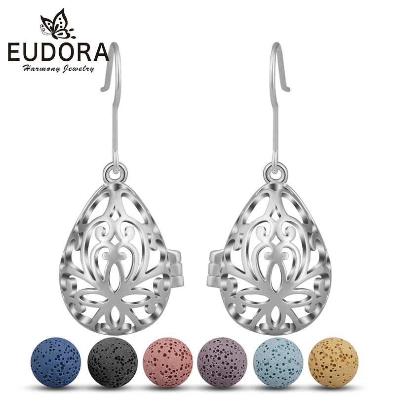 

EUDORA 12mm Copper Water Drop Fashion Dangle Earring Lava Stone Beads Earrings Aromatherapy Essential Oil Diffuser Hook Earring
