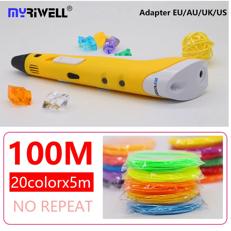 Myriwell 3d Ручка abs 1,75 мм нить 3d печатная ручка 3 d Ручка diy живопись инструменты умная 3D печать Ручка-паяльник с нитью 100 м - Цвет: yellow A20X5