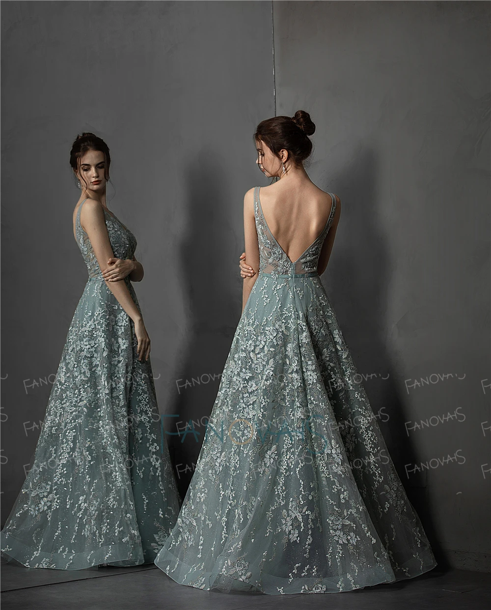 Robe de soiree en Tulle Robe luxueuse de forme trapeze en dentelle Robe de soiree col en v perles appliquees Robe de fete NE73 2020