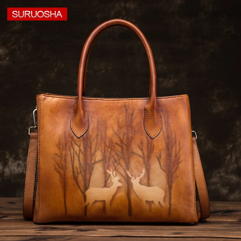 

Natural Skin Women Genuine Leather Top Handle Bag Large Tote Deer Pattern Natural Skin Cross Body Messenger Shoulder Bags