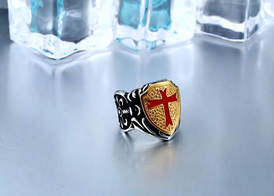 Stainless Knights Templar Cross Armor Shield Ring | Mens Premium Jewelry