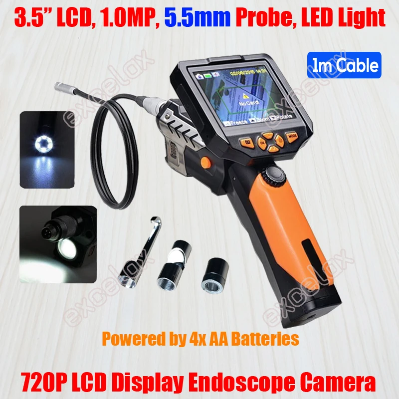 720P HD Handheld 5.5mm 1M 3M Flex Endoscope Camera 3.5" LCD Monitor LED