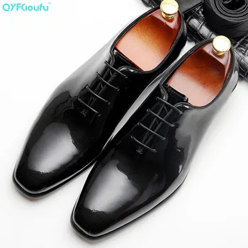 

QYFCIOUFU Fashion Mens Genuine Leather Shoes Patent Leather Men's Dress Shoes Business Wedding Shoes Oxfords Lace Up Black Flats