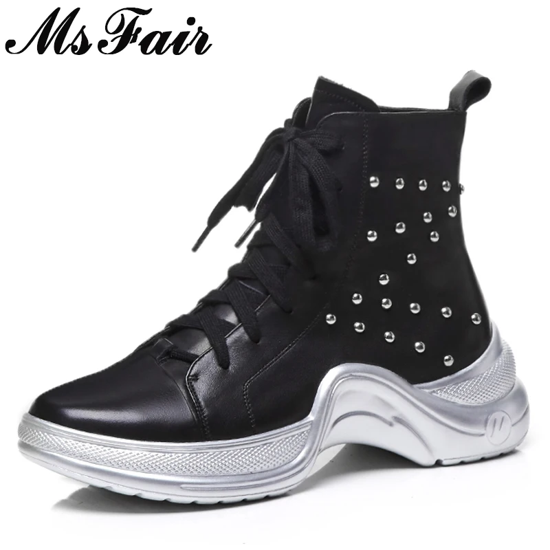

MsFair Round Toe Thick Bottom Women Boots Lace Up Rivet Flat Ankle Boots Women Shoes Genuine Leather Black Boot Shoes For Woman