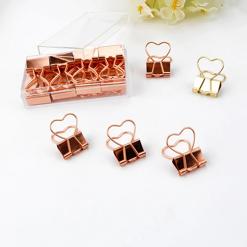 

10pcs Gold Rose Gold Binder Clips Papelaria Hollow Out Heart Shape Metal Binder Clips Photos Tickets Notes Letter Paper Clips