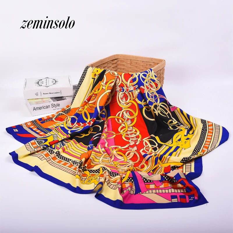 

Free Shipping Women Silk Shawl Scarf Bandana New Design Print Chain Pattern Wraps Scarves Spring 130*130cm Satin Scarf Hijab