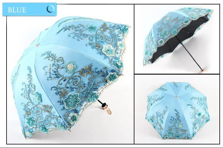 Роскошные кружева двухслойные вышивка зонтик дождь женщина черный резиновый УФ три складной солнечный женские зонты