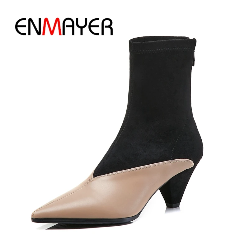 

ENMAYER Women boots women pointed toe botas mujer women. mixed color zipper ankle boot square heel boots Big Size 34-39 ZYL1077