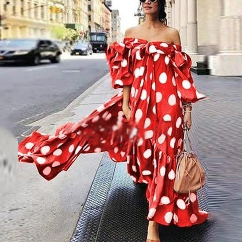 

Women Off Shoulder Polka Dot Maxi Dress Summer Holiday Long Beach Boho Sun Dress