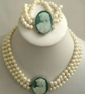 

free P&P *****3Strand 7-8mm White Pearl Cameo Necklace Bracelet