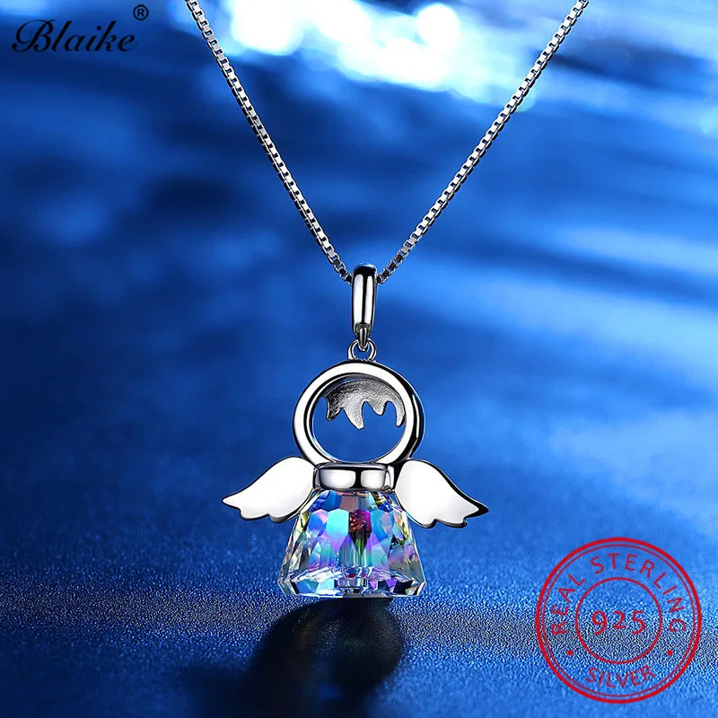 Blaike Lucky Фея Крылья ангела Подвески-крылья натуральный S925 стерлингового серебра Шарм из австрийского кристалла ожерелья для Для женщин, хорошее ювелирное изделие, подарок
