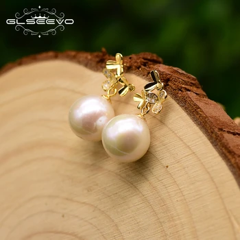

GLSEEVO 925 Sterling Silver Earring Three Flower Pave Zircon Natural Pearl Drop Earrings For Women Bridal Wedding Jewelry GE0789