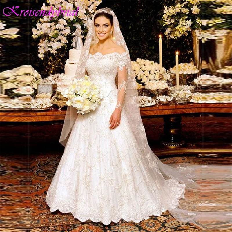 QFS092 robe de mariage кружевное свадебное платье с открытыми плечами и длинным рукавом