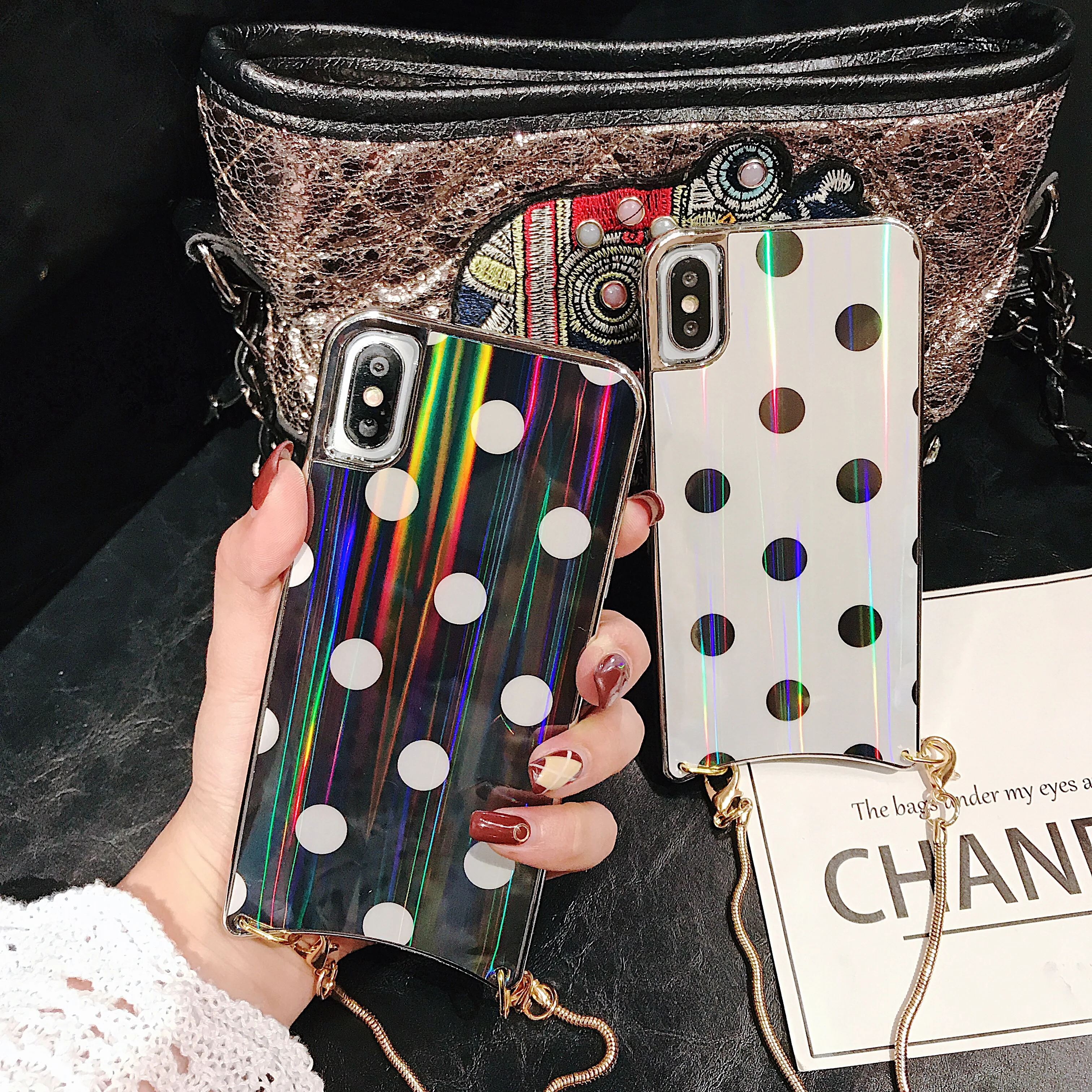 

Girly Case For iPhone Xr X Xs Max Cover Korean Aurora Gradient Color Dot Skin Bag Cases For iPhone 7 8 Plus 6S Case + Long Chain