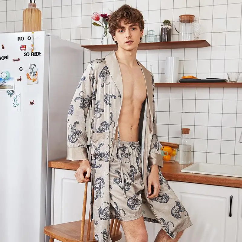 Модные мужские летние кимоно халат Повседневная шелковистая Домашняя одежда Мужская Ночная рубашка пижамы Pijama Mujer L-XXL - Цвет: A2 robe-short pants