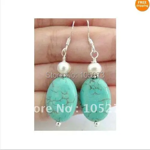 

Beautiful Jewelry Blue Turquoises &pearl Earring 925 sterling silver Dangle Earring Fashion Woman's Earring Free Shipping NF297