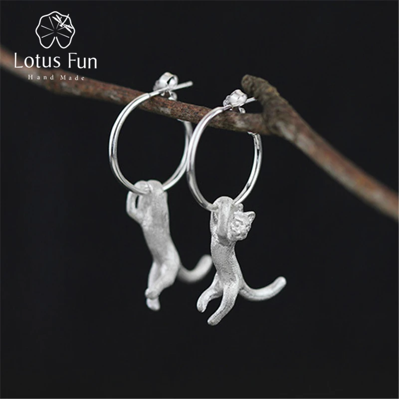Lotus Fun Real 925 Sterling Silver Natural Original Handmade Fine Jewelry Cute Kung Fu Cat Drop Earrings for Women Brincos