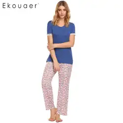 Ekouaer Для женщин пижамный комплект короткий рукав Футболка и штаны с цветочным принтом пижамы комплекты свободные пижамы костюм домашняя