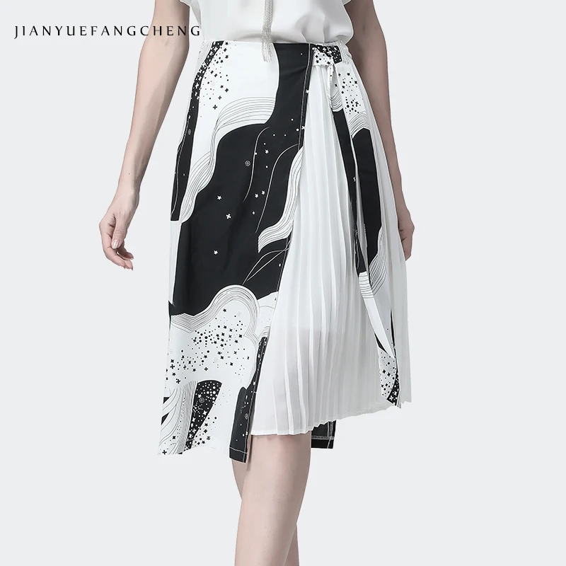 

Fashion Printed Chiffon Women Summer Skirt Pleated High Waist A-Line Asymmetrical Mid-Calf Female Casual Beach Skirts Jupe Femme