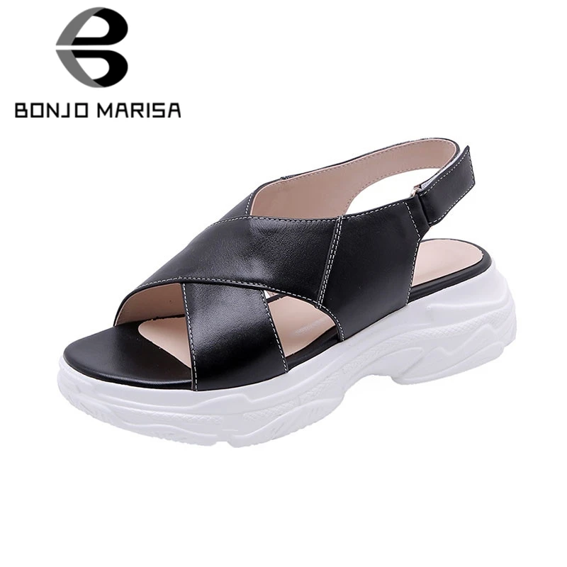

BONJOMARISA 2019 Brand New women's Genuine Leather Ladies Flat With Shoes Woman Casual Party Office Summer women's Sandals