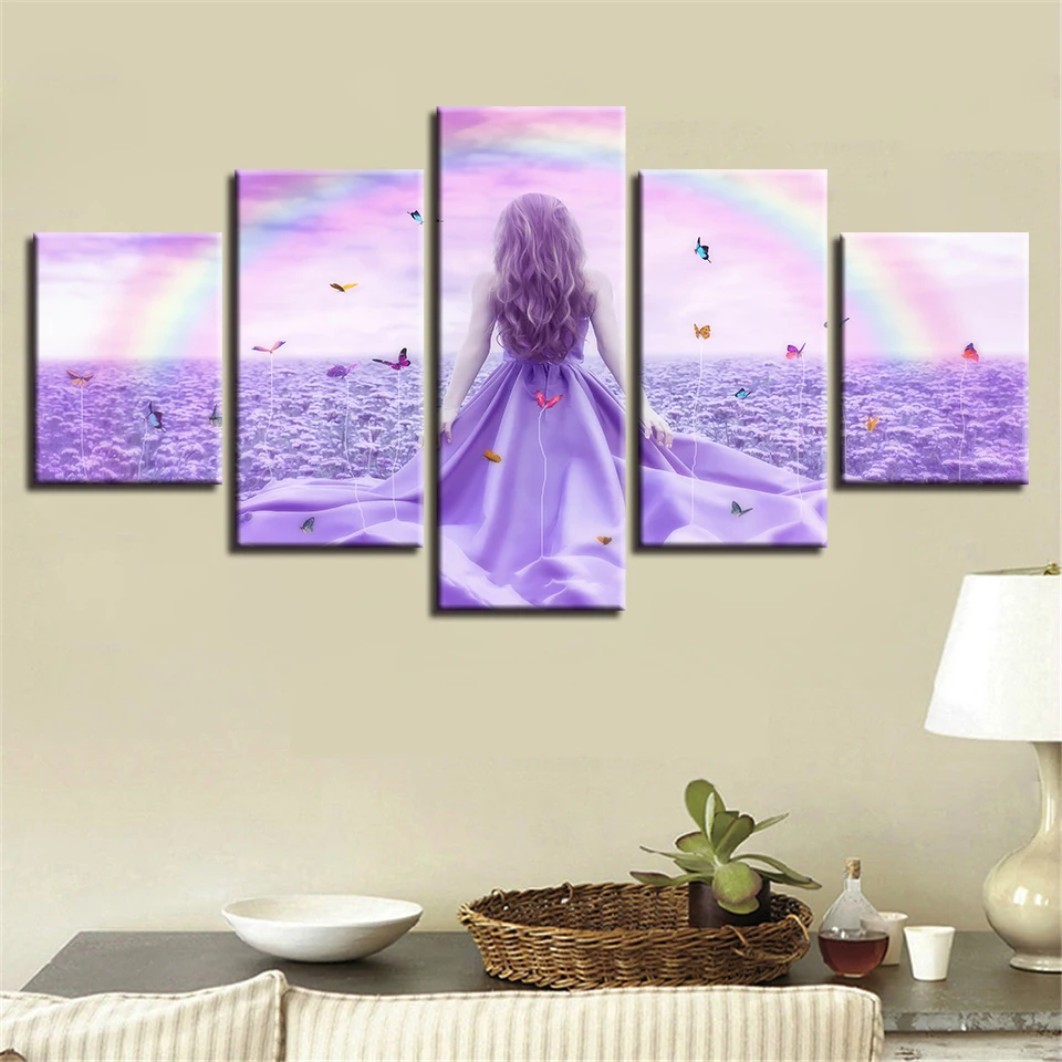 

Canvas Print Paintings Home Decor 5 Pieces Rainbow Butterfly Girl Lavender Pictures Purple Flowers Poster Modular Wall Art Frame