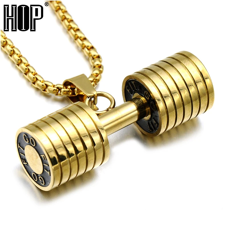 

HIP Men Gold Color Titanium Stainless Steel GO FIT Dumbbell Gym Fitness Barbell Pendant Necklaces For Men Sport Jewelry