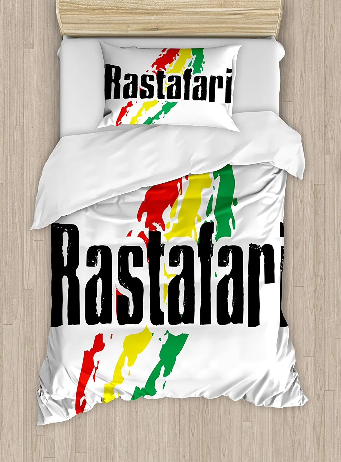 

Rasta Duvet Cover Set Reggae Rastafari Lettering on Grunge Design Flag Colors Backdrop Art Print Decor Bedding Set Red Green
