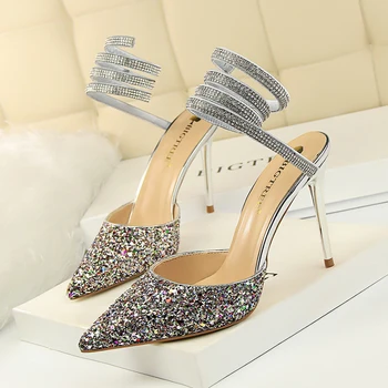 

BIGTREE high heels rhinestone sandals shoes woman rubber stiletto sandalias mujer 2019 sexy ankle strap bling chaussures femme